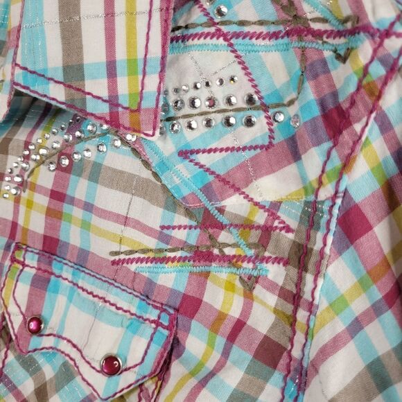 L ARIAT embroidered metallic snap plaid WESTERN RODEO PINK SILVER shirt LARGE - Picture 15 of 15